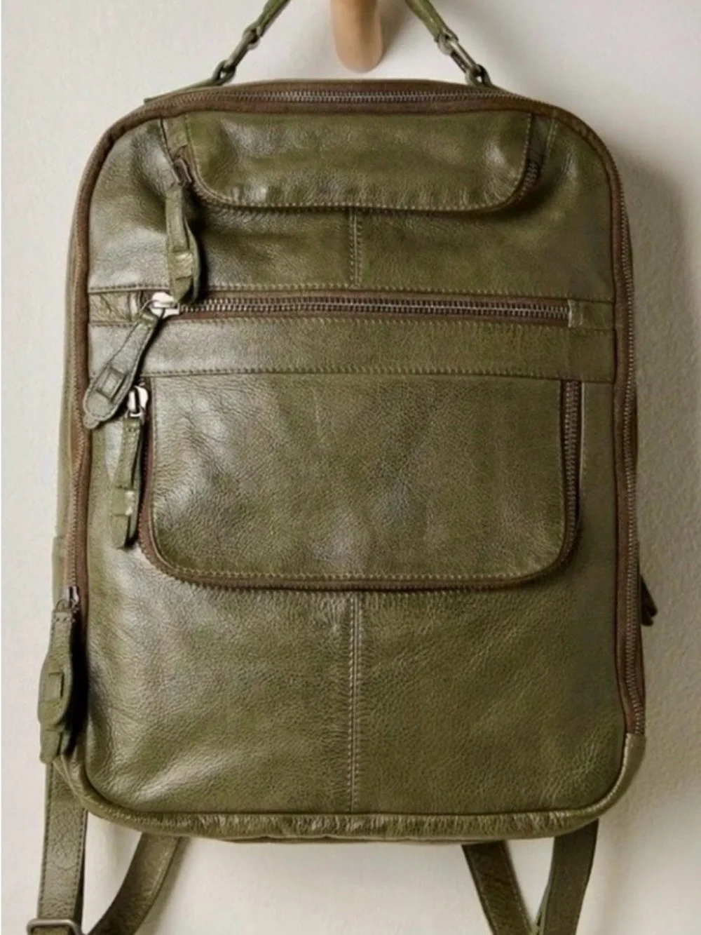 NWT!‎ Free People East End Leather Laptop Backpack Dark Olive Men Women